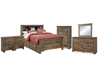 Trinell Full Bookcase Storage Bed, Dresser, Mirror, Chest and 2 Nightstands