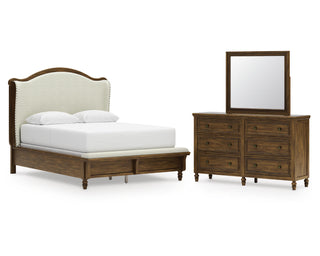 Sturlayne Queen Upholstered Panel Bed, Dresser and Mirror