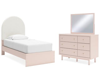 Wistenpine Twin Upholstered Panel Bed, Dresser and Mirror