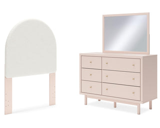 Wistenpine Twin Upholstered Panel Headboard, Dresser and Mirror