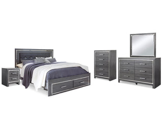 Lodanna King Upholstered Storage Bed, Dresser, Mirror, Chest and Nightstand
