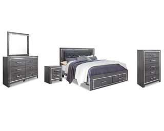 Lodanna King Upholstered Storage Bed, Dresser, Mirror, Chest, and Nightstand