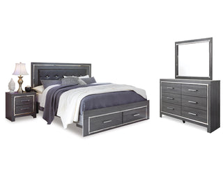 Lodanna King Upholstered Storage Bed, Dresser, Mirror, and Nightstand