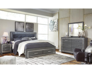 Lodanna King Upholstered Storage Bed, Dresser, Mirror, and Nightstand