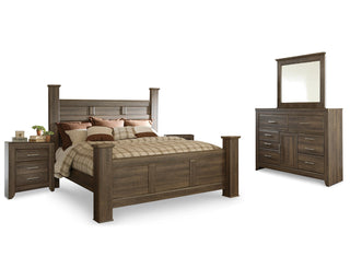 Juararo California King Poster Bed, Dresser, Mirror and 2 Nightstands