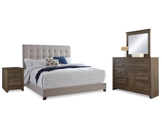Dolante Queen Upholstered Bed, Dresser, Mirror and Nightstand