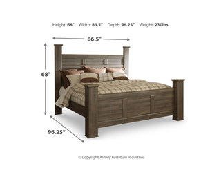Juararo California King Poster Bed, Dresser, Mirror and 2 Nightstands