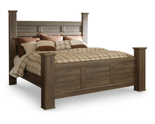 Juararo California King Poster Bed, Dresser, Mirror, Chest and 2 Nightstands