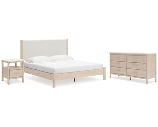 Cadmori King Upholstered Panel Bed, Dresser and Nightstand