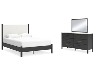 Cadmori Queen Upholstered Panel Bed, Dresser and Mirror