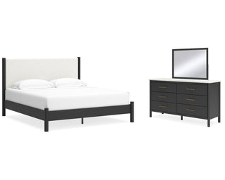 Cadmori King Upholstered Panel Bed, Dresser and Mirror