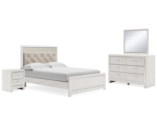 Altyra Queen Upholstered Panel Bed, Dresser, Mirror, and Nightstand
