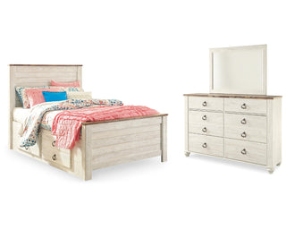 Willowton Full Panel Bed with Storage, Dresser and Mirror