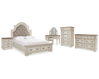 Realyn Queen Upholstery Panel Bed, Dresser, Chest, Nightstand, and Vanity Set