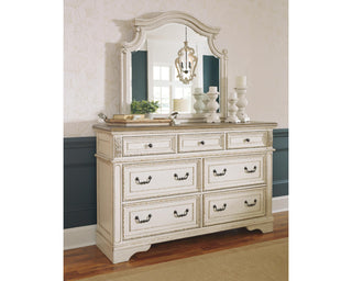 Realyn Queen Upholstered Panel Bed, Dresser and Mirror