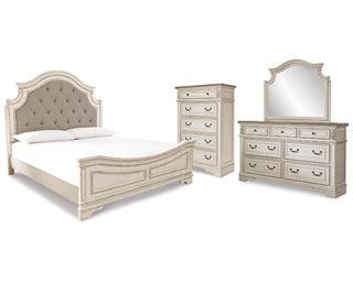 Realyn King Panel Upholstered Bed, Dresser, Mirror and Chest