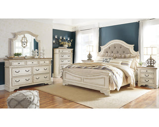Realyn King Upholstered Panel Bed, Dresser and Mirror