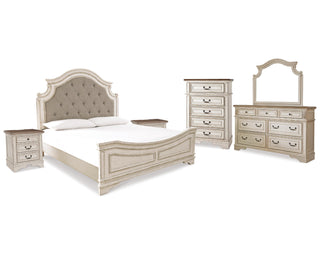 Realyn King Upholstered Panel Bed, Dresser, Mirror, Chest and 2 Nightstands