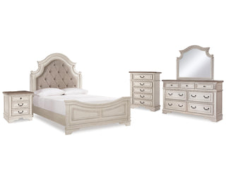Realyn Queen Upholstered Panel Bed, Dresser, Mirror, Chest and Nightstand