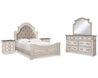 Realyn Queen Upholstered Panel Bed, Dresser, Mirror and 2 Nightstands