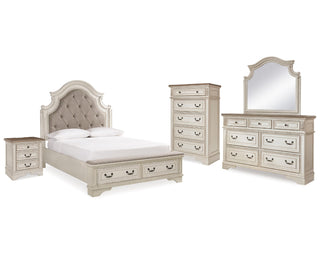 Realyn Queen Upholstered Bed, Dresser, Mirror, Chest and Nightstand