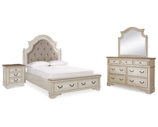 Realyn Queen Upholstery Panel Bed, Dresser, Mirror and Nightstand