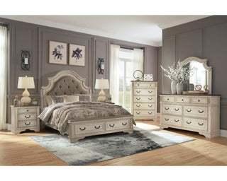 Realyn Queen Upholstered Panel Bed with Storage, Dresser and Nightstand