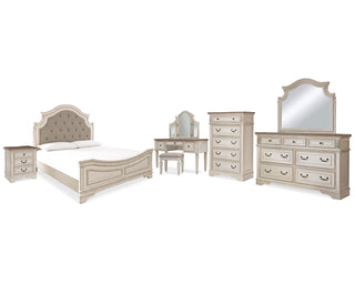 Realyn King Panel Bed, Dresser, Mirror, Chest, Vanity and Nightstand