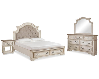 Realyn King Storage Bed, Dresser, Mirror and Nightstand