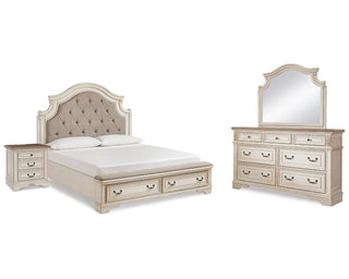 Realyn King Upholstered Panel Bed, Dresser, Mirror and Nightstand