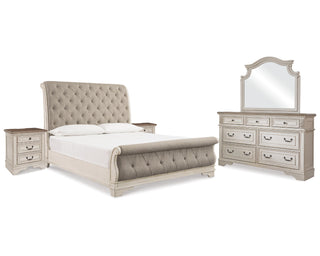 Realyn King Upholstered Sleigh Bed, Dresser, Mirror and 2 Nightstands