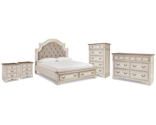 Realyn King Storage Bed, Dresser, Chest and 2 Nightstands