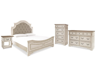 Realyn King Upholstered Panel Bed, Dresser, Chest and Nightstand