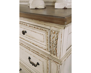 Realyn Queen Upholstery Panel Bed, Dresser, Chest, Nightstand, and Vanity Set