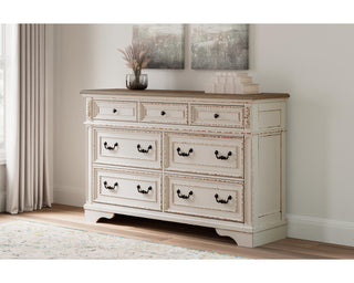 Realyn Queen Upholstery Panel Bed, Dresser, Chest, Nightstand, and Vanity Set