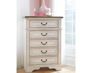 Realyn Queen Upholstered Panel Bed, Dresser, Mirror, Chest and Nightstand