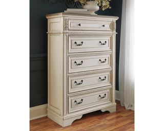 Realyn King Upholstered Panel Bed, Dresser, Chest and Nightstand