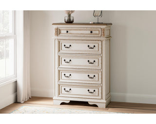 Realyn Queen Upholstery Panel Bed, Dresser, Chest, Nightstand, and Vanity Set