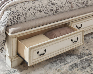 Realyn Queen Upholstery Panel Bed, Dresser, Chest, Nightstand, and Vanity Set