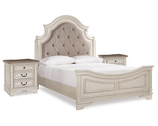 Realyn Queen Upholstered Panel Bed and 2 Nightstands
