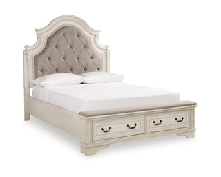Realyn Queen Upholstery Panel Bed, Dresser, Chest, Nightstand, and Vanity Set
