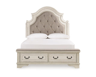 Realyn Queen Upholstery Panel Bed, Dresser, Chest, Nightstand, and Vanity Set