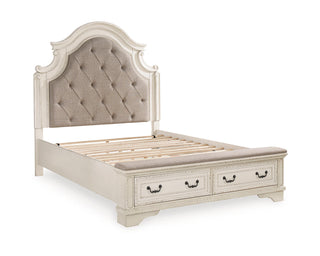 Realyn Queen Upholstered Panel Bed with Storage, Dresser and Nightstand