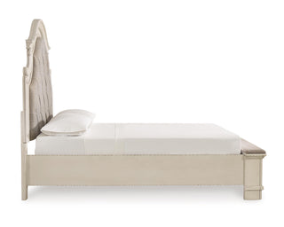 Realyn Queen Upholstery Panel Bed, Dresser, Mirror and Nightstand