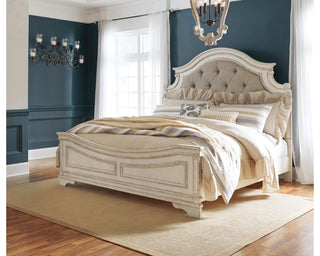 Realyn King Panel Upholstered Bed, Dresser, Mirror and Chest