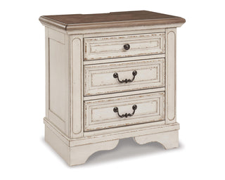 Realyn Queen Upholstery Panel Bed, Dresser, Chest, Nightstand, and Vanity Set