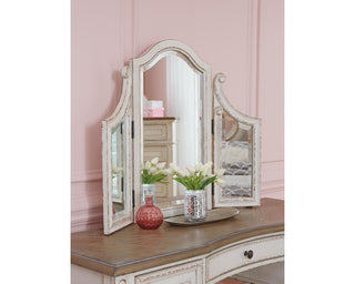 Realyn Queen Upholstery Panel Bed, Dresser, Chest, Nightstand, and Vanity Set