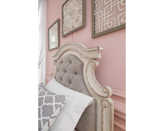 Realyn Queen Upholstery Panel Bed, Dresser, Chest, Nightstand, and Vanity Set