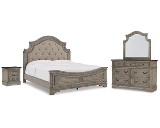 Lodenbay King Upholstered Panel Bed, Dresser, Mirror, and Nightstand