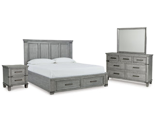 Russelyn California King Panel Storage Bed, Dresser, Mirror and Nightstand